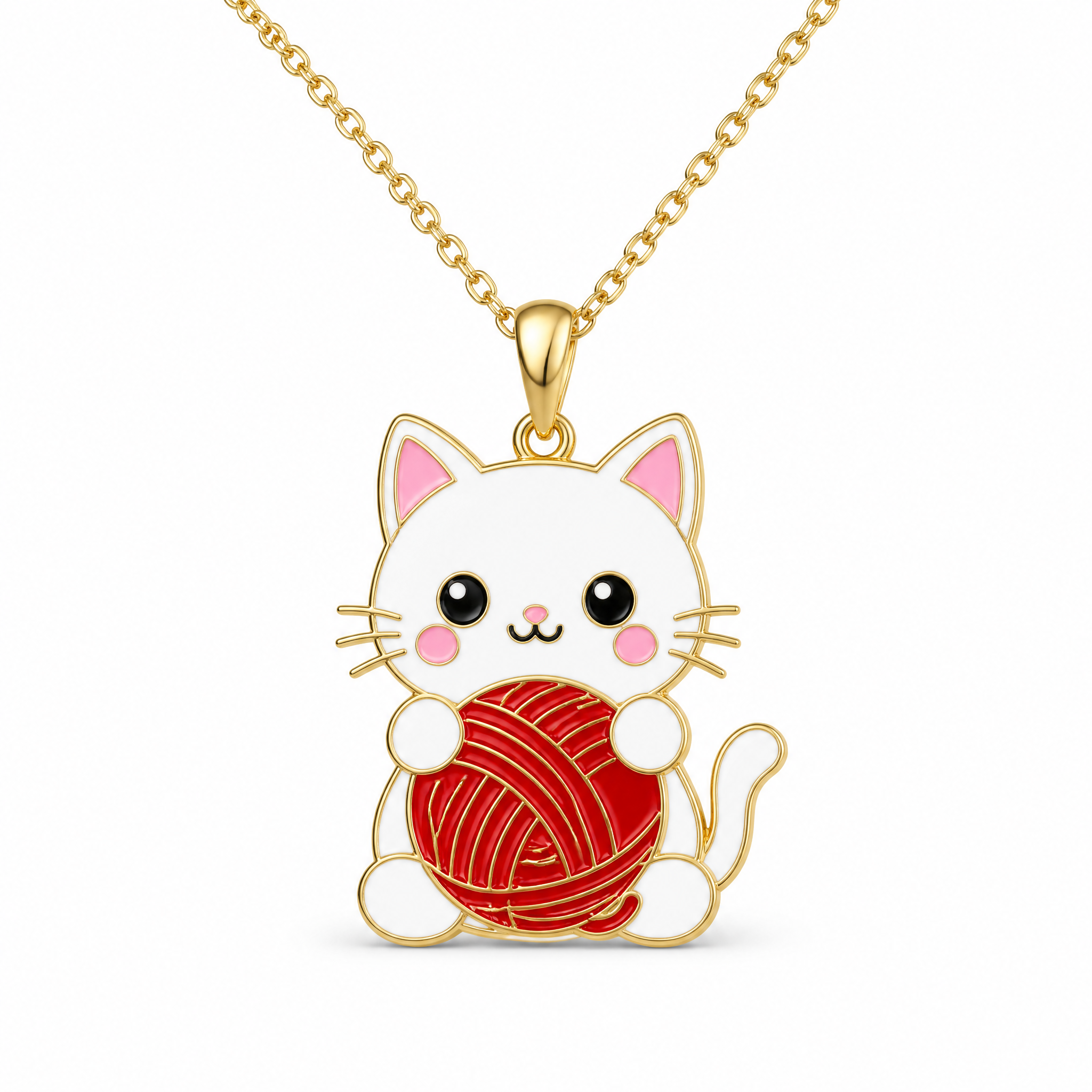 Custom Hard Enamel Cat Pendant Necklace Kawaii White Cat with Red Yarn Ball Charm Gold Tone Cable Chain Jewelry OEM