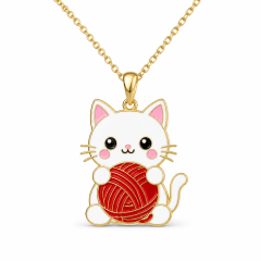 Custom Hard Enamel Cat Pendant Necklace Kawaii White Cat with Red Yarn Ball Charm Gold Tone Cable Chain Jewelry OEM