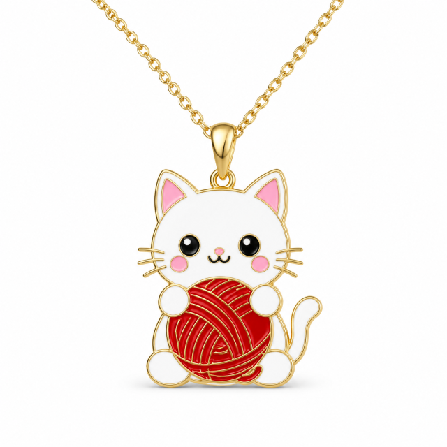 Custom Hard Enamel Cat Pendant Necklace Kawaii White Cat with Red Yarn Ball Charm Gold Tone Cable Chain Jewelry OEM
