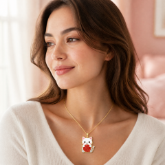 Custom Hard Enamel Cat Pendant Necklace Kawaii White Cat with Red Yarn Ball Charm Gold Tone Cable Chain Jewelry OEM