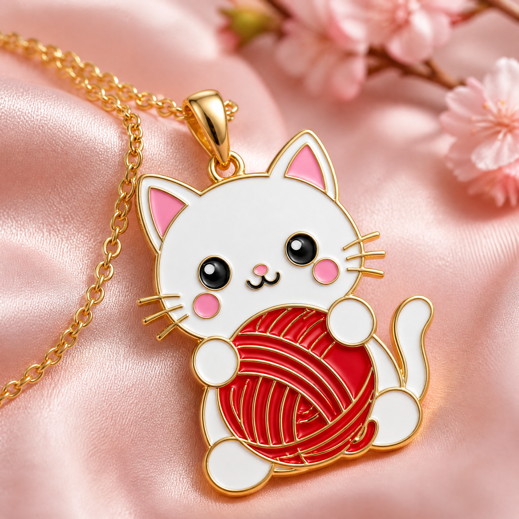 Custom Hard Enamel Cat Pendant Necklace Kawaii White Cat with Red Yarn Ball Charm Gold Tone Cable Chain Jewelry OEM