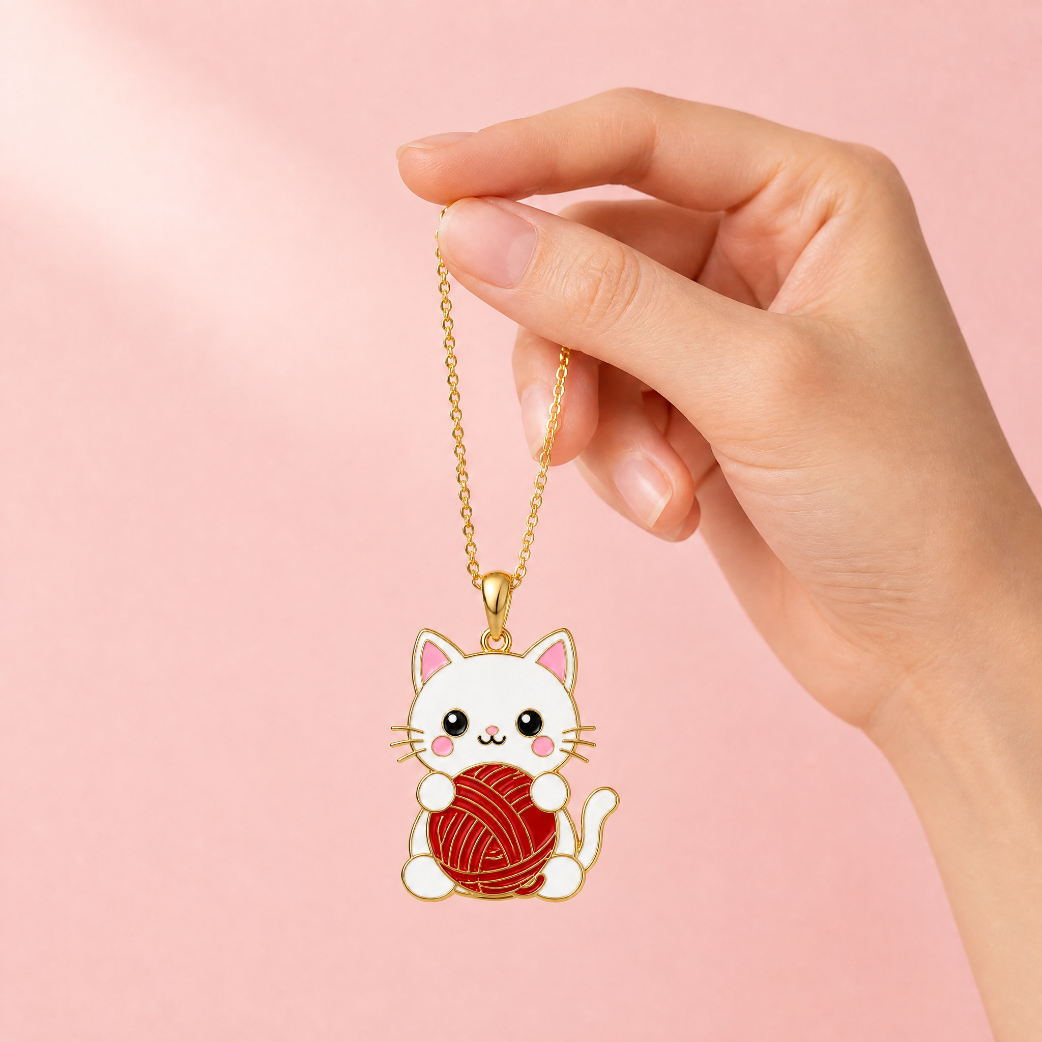 Custom Hard Enamel Cat Pendant Necklace Kawaii White Cat with Red Yarn Ball Charm Gold Tone Cable Chain Jewelry OEM