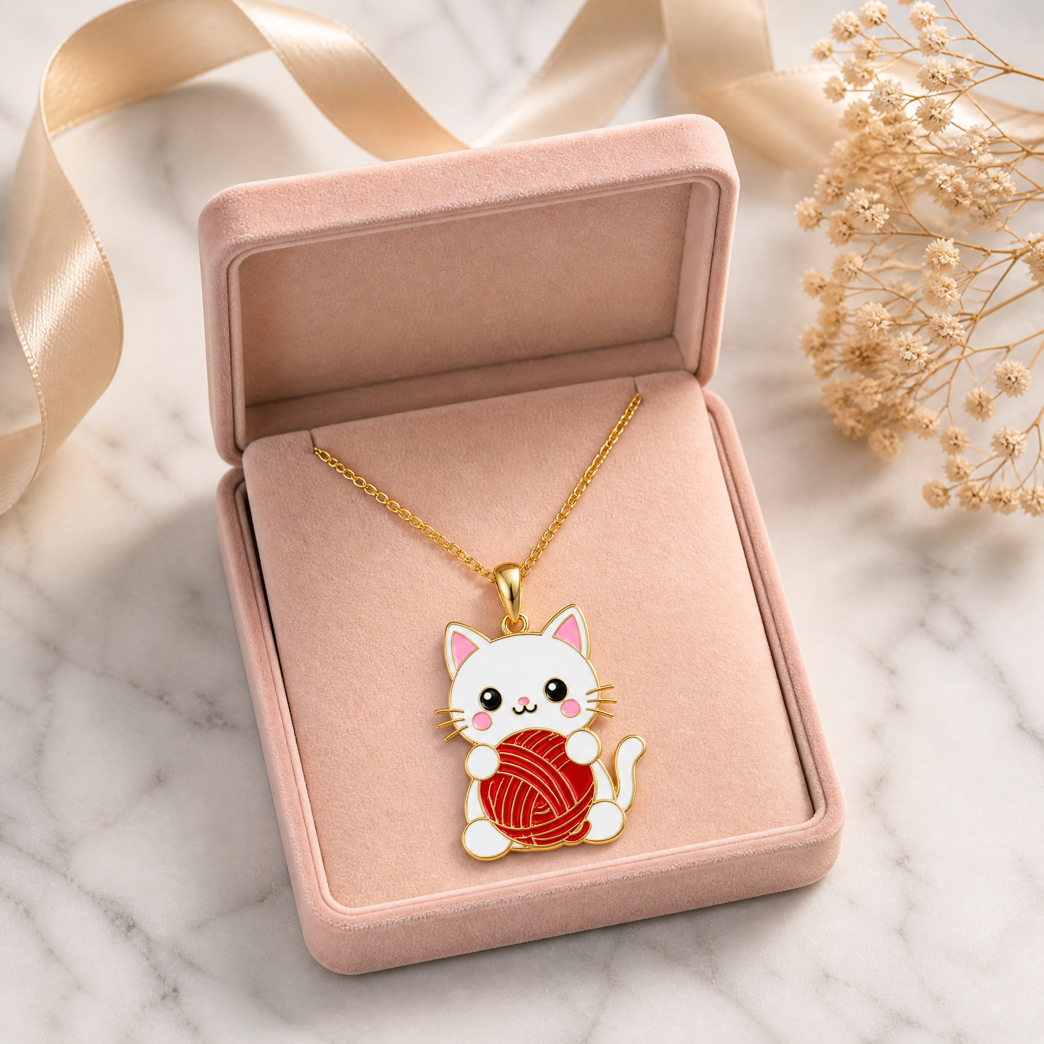 Custom Hard Enamel Cat Pendant Necklace Kawaii White Cat with Red Yarn Ball Charm Gold Tone Cable Chain Jewelry OEM