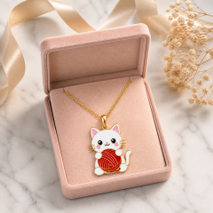 Custom Hard Enamel Cat Pendant Necklace Kawaii White Cat with Red Yarn Ball Charm Gold Tone Cable Chain Jewelry OEM