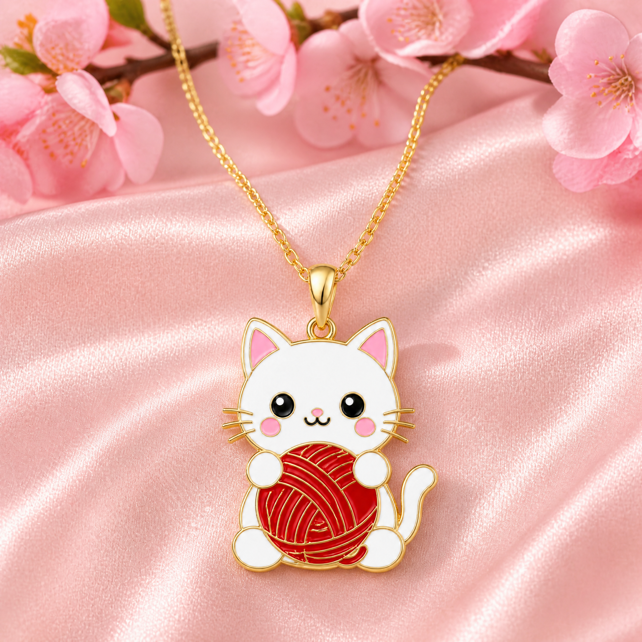 Custom Hard Enamel Cat Pendant Necklace Kawaii White Cat with Red Yarn Ball Charm Gold Tone Cable Chain Jewelry OEM