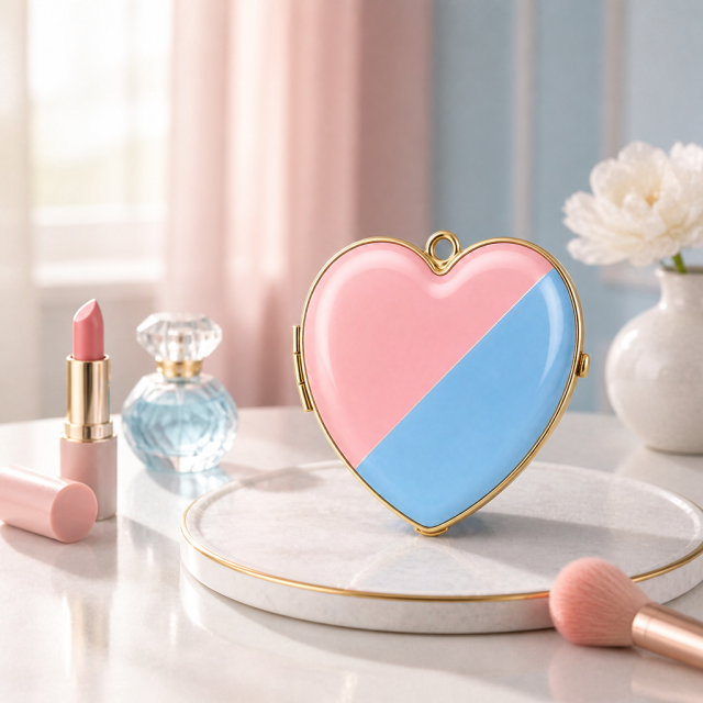 Custom Heart-Shaped Enamel Makeup Mirror with Pink Blue Gradient