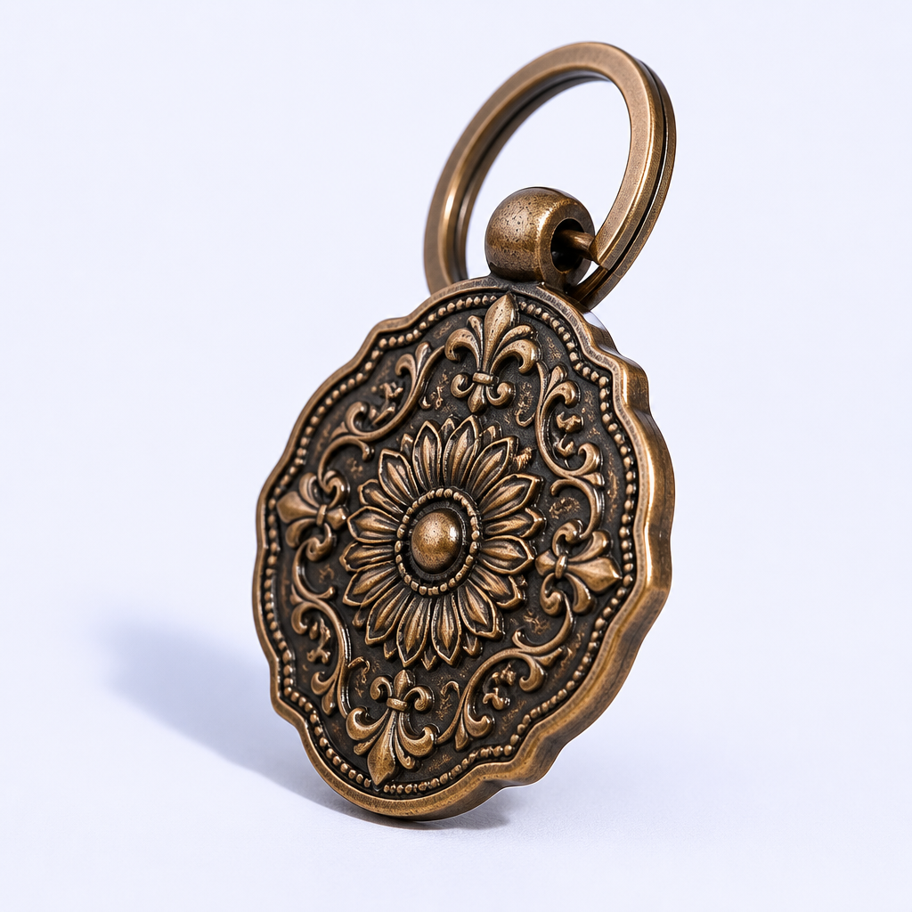 Antique Electroplated Metal Keychain - Vintage Relief Souvenir Keyring in Gold, Bronze and Silver