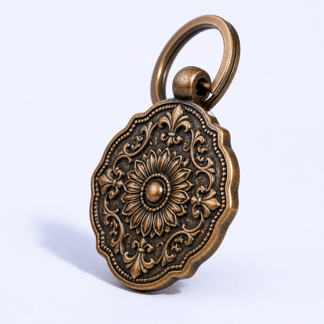 Antique Electroplated Metal Keychain - Vintage Relief Souvenir Keyring in Gold, Bronze and Silver