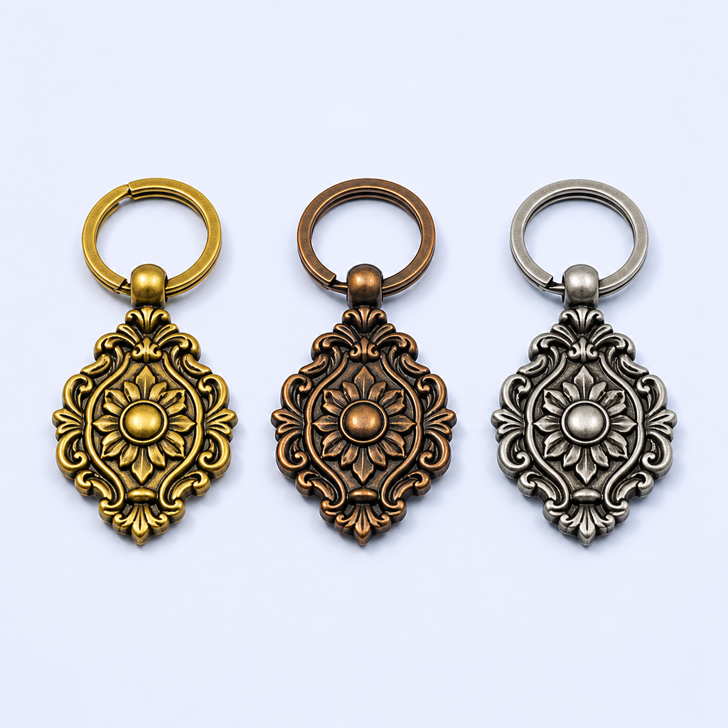 Antique Electroplated Metal Keychain - Vintage Relief Souvenir Keyring in Gold, Bronze and Silver
