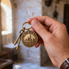Antique Electroplated Metal Keychain - Vintage Relief Souvenir Keyring in Gold, Bronze and Silver