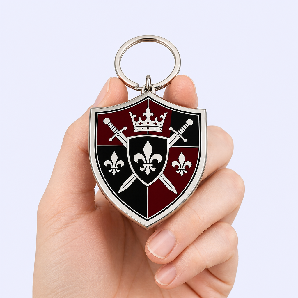 Custom Hard Enamel Metal Keychain - Mirror-Flat Surface - Shield Shape - Bulk and Custom Orders