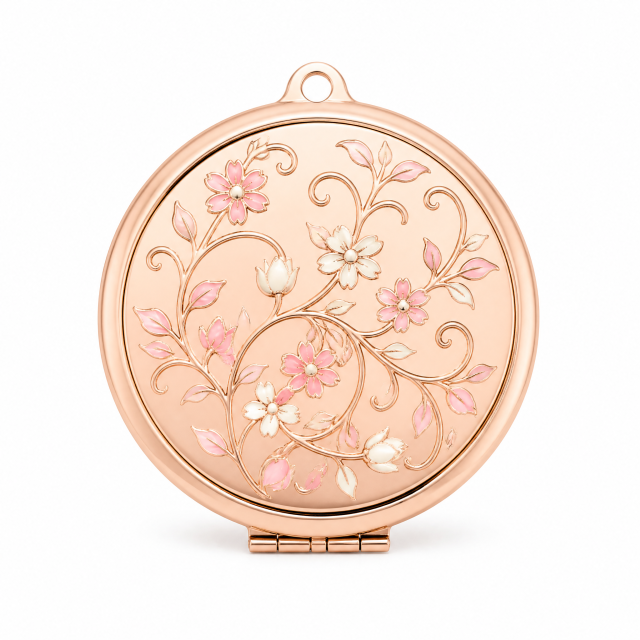 Custom Rose Gold Metal Makeup Mirror with Laser Engraving & Enamel Inlay