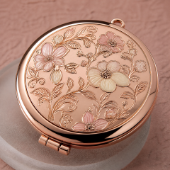 Custom Rose Gold Metal Makeup Mirror with Laser Engraving & Enamel Inlay