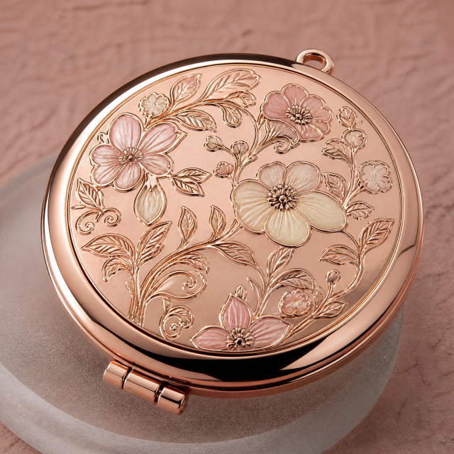 Custom Rose Gold Metal Makeup Mirror with Laser Engraving & Enamel Inlay