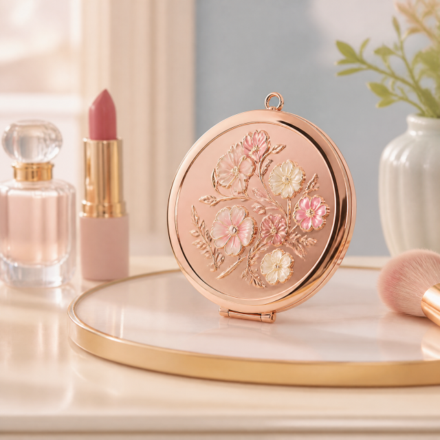 Custom Rose Gold Metal Makeup Mirror with Laser Engraving & Enamel Inlay