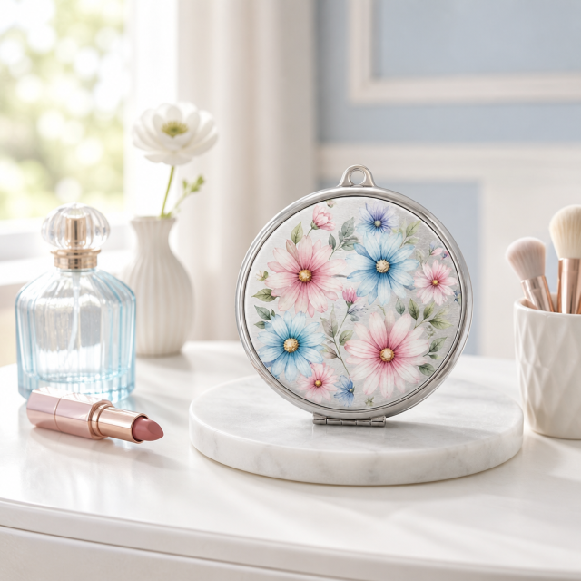 Custom Brushed Stainless Steel Makeup Mirror with UV Printed Watercolor Design