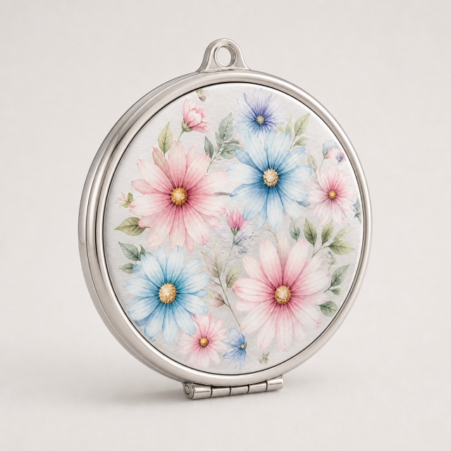 Custom Brushed Stainless Steel Makeup Mirror with UV Printed Watercolor Design