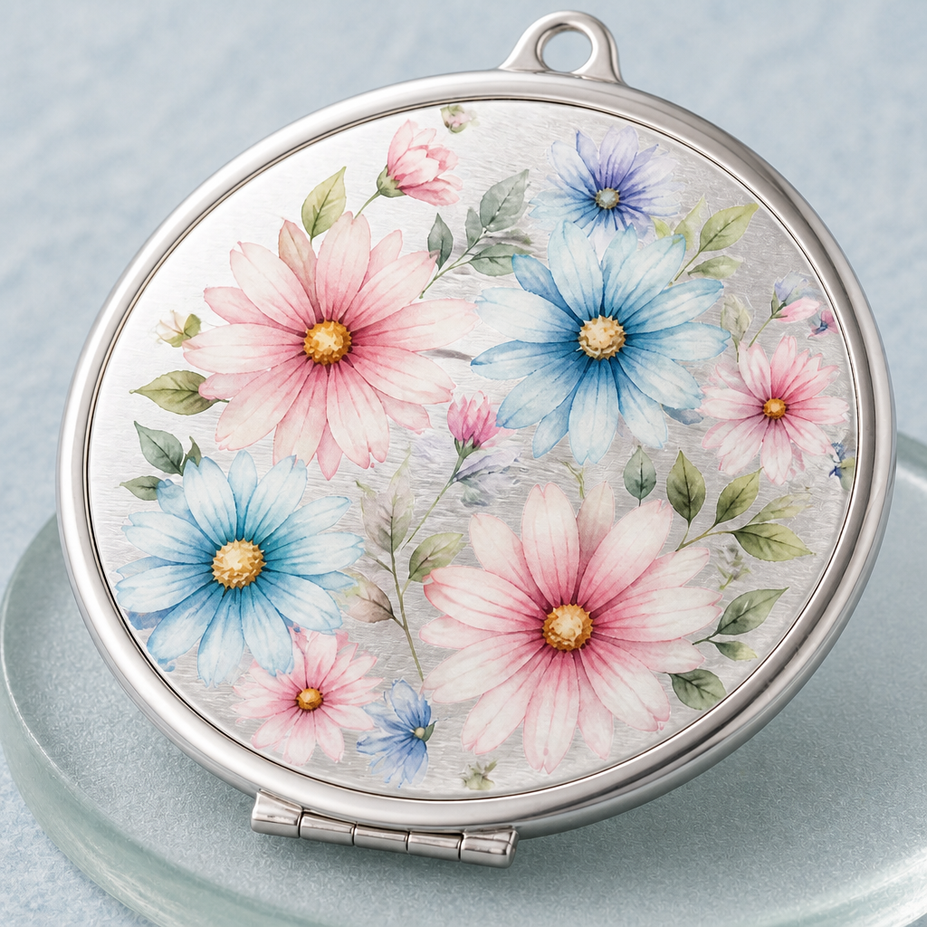 Custom Brushed Stainless Steel Makeup Mirror with UV Printed Watercolor Design