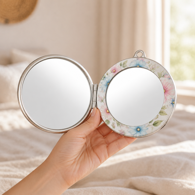 Custom Brushed Stainless Steel Makeup Mirror with UV Printed Watercolor Design