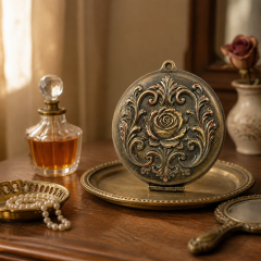 Custom Antique Bronze Makeup Mirror with Vintage Embossed Rose Design