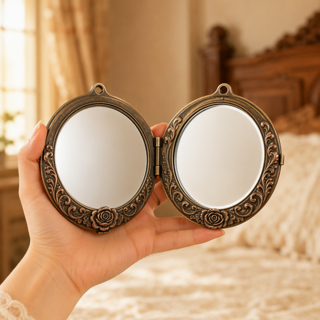 Custom Antique Bronze Makeup Mirror with Vintage Embossed Rose Design