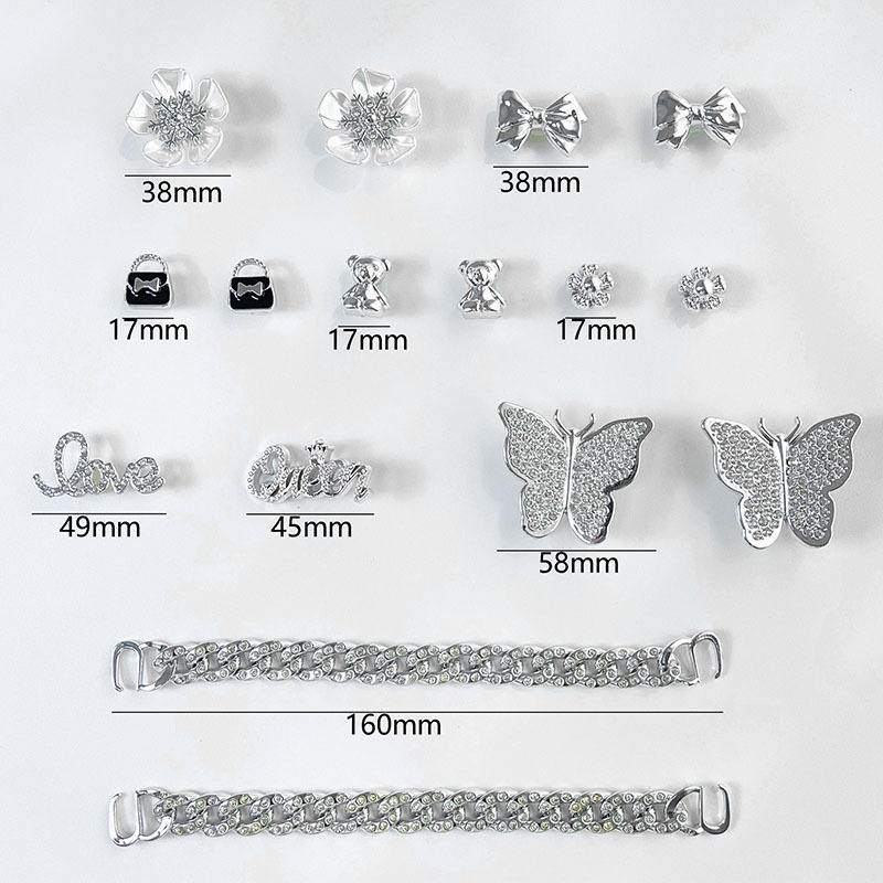 Shoe charm set size chart with millimeter measurements