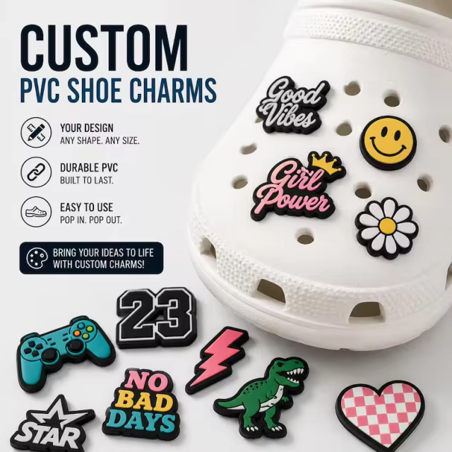 Custom PVC Shoe Charms Wholesale – Personalized Clog Decorations, Bulk Event Party Charms, Low MOQ OEM