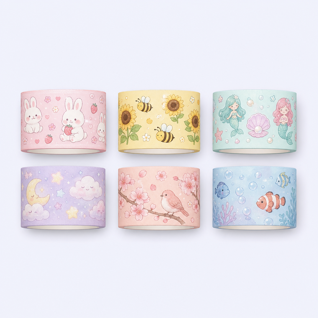 Cute Kawaii Washi Tape Set - Pastel Decorative Masking Tape for Journaling and Scrapbooking