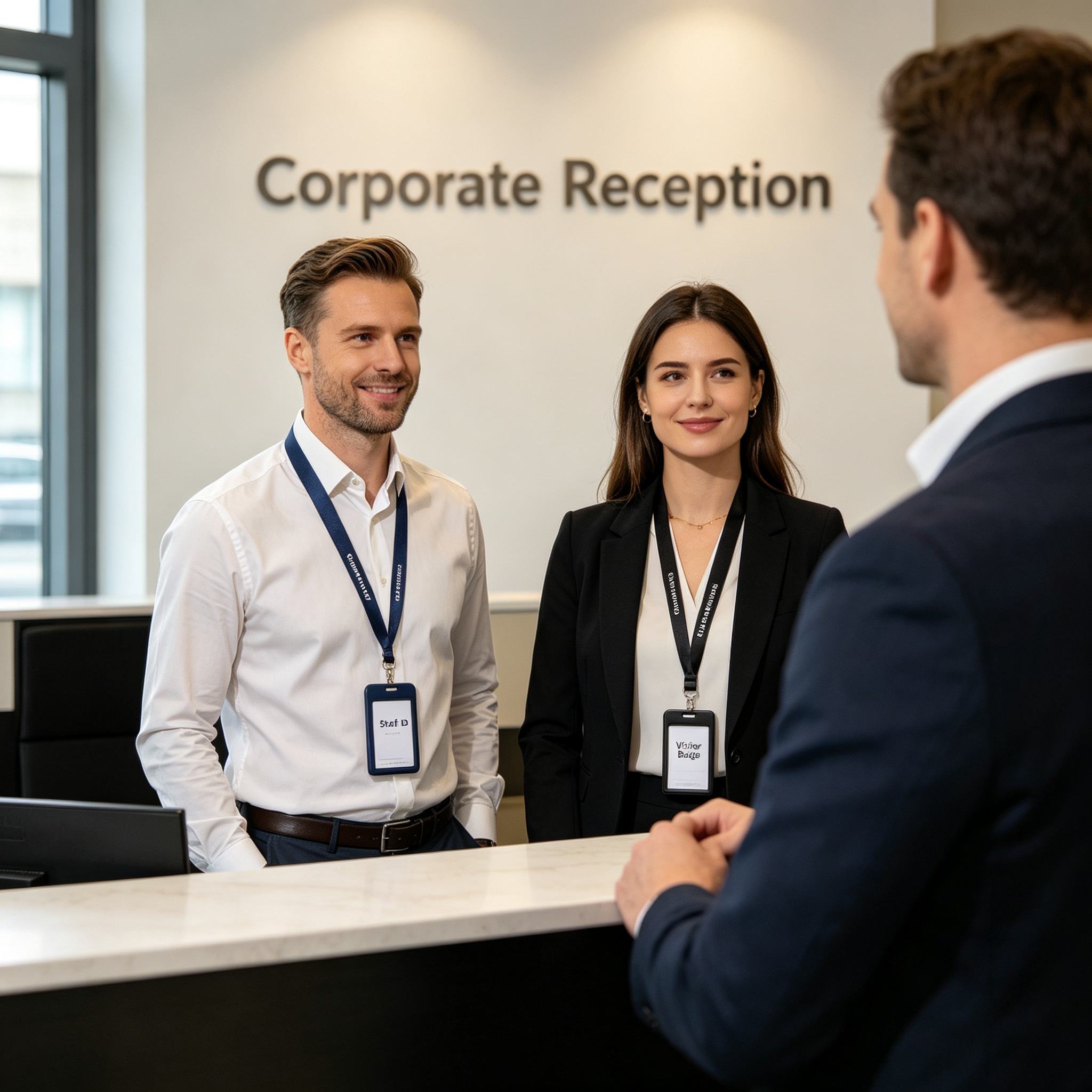 Corporate reception staff wearing navy and black lanyards with Staff ID and Visitor Badge