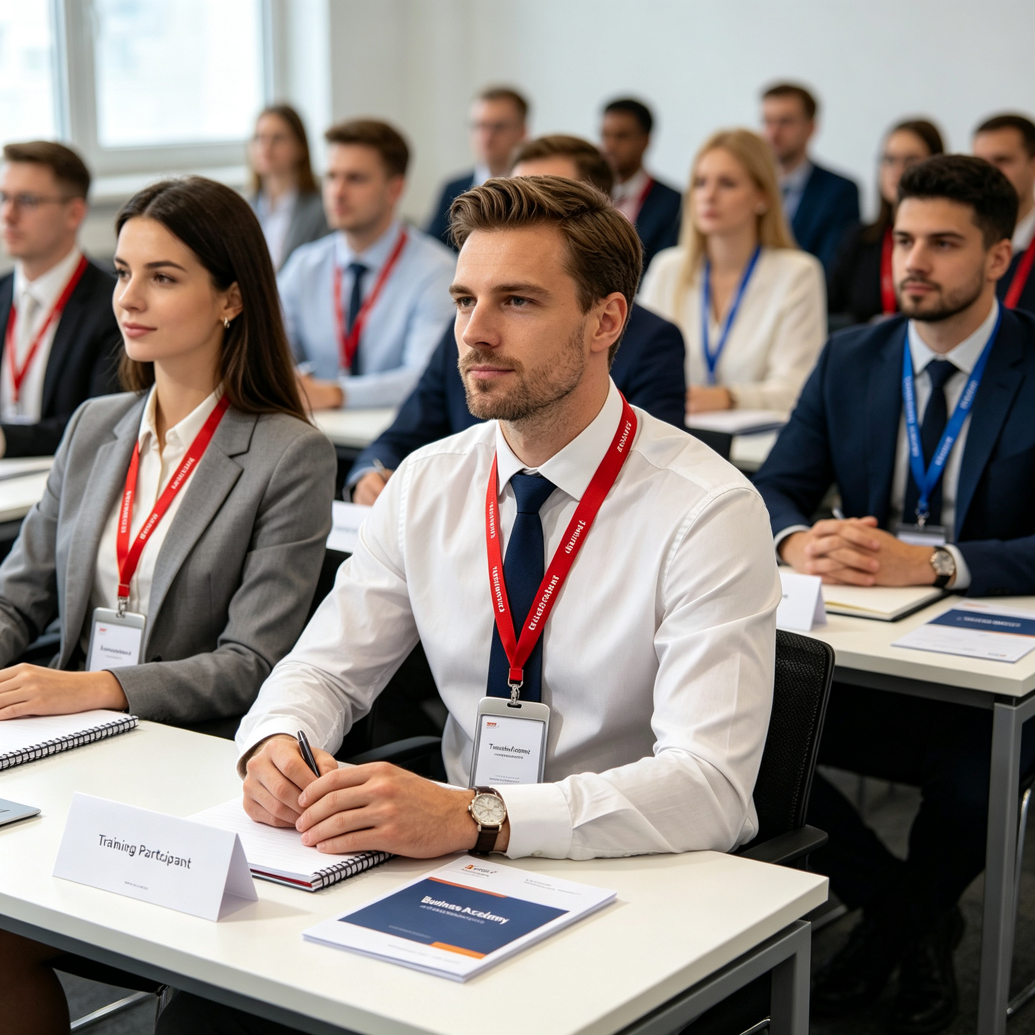 Corporate training seminar attendees wearing red and blue lanyards with transparent ID holders