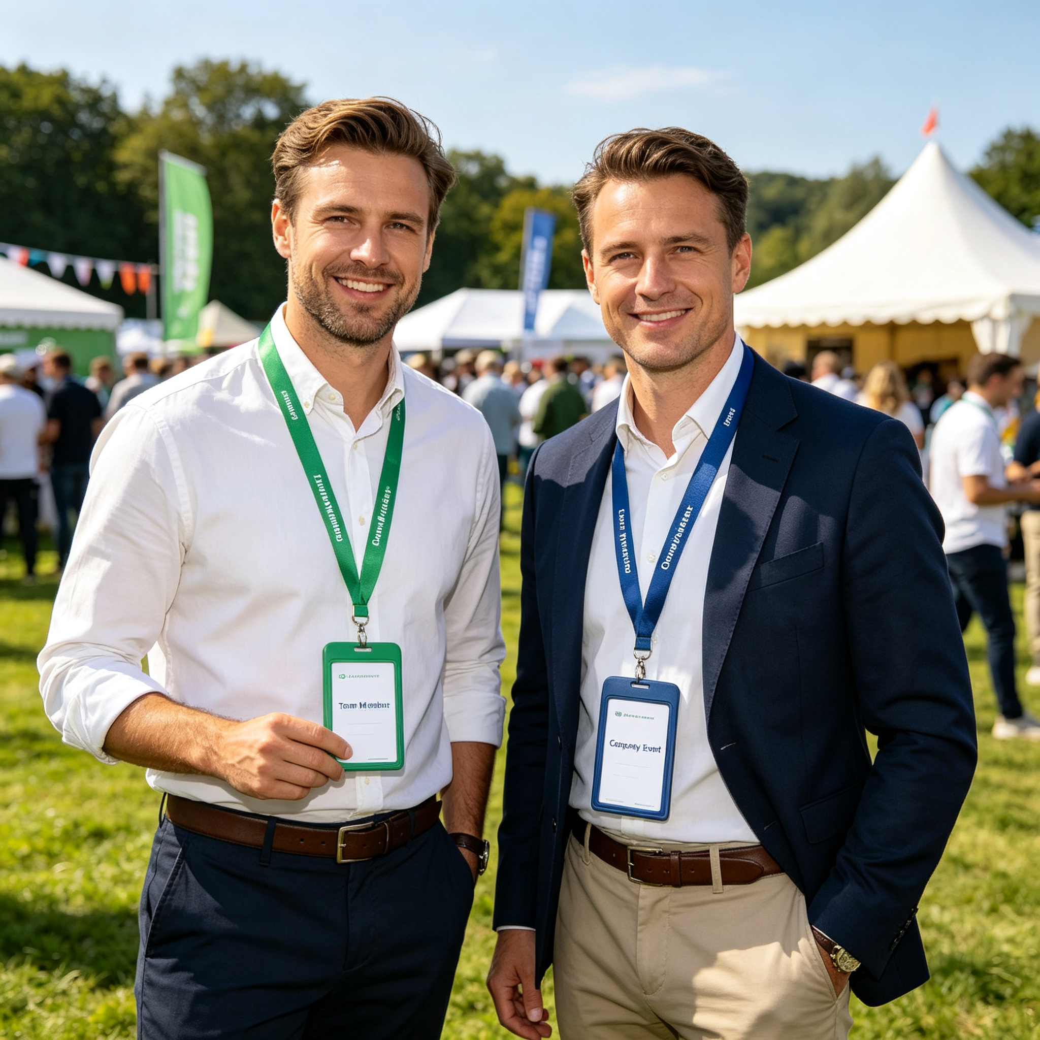 Two professionals at an outdoor corporate event wearing green and blue custom lanyards
