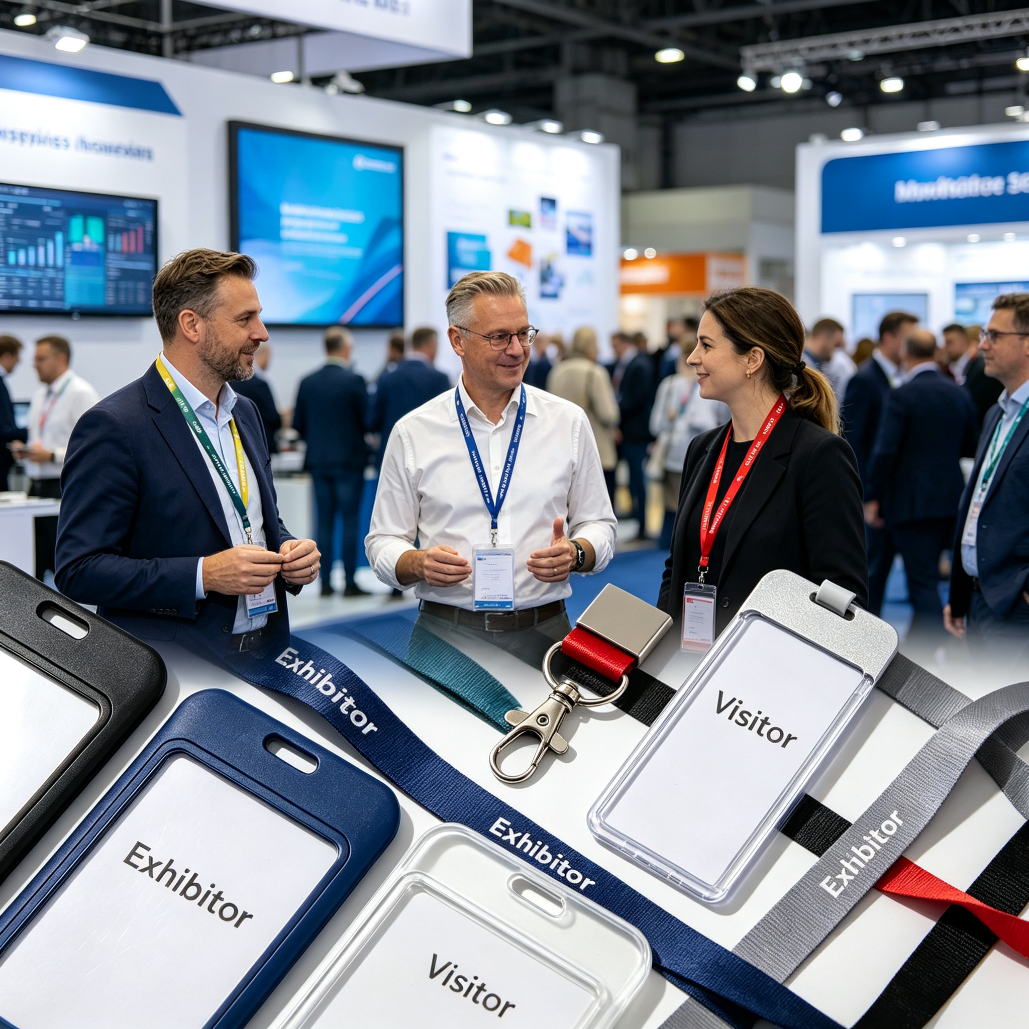 Exhibition visitors wearing different color lanyards with Exhibitor and Visitor badges