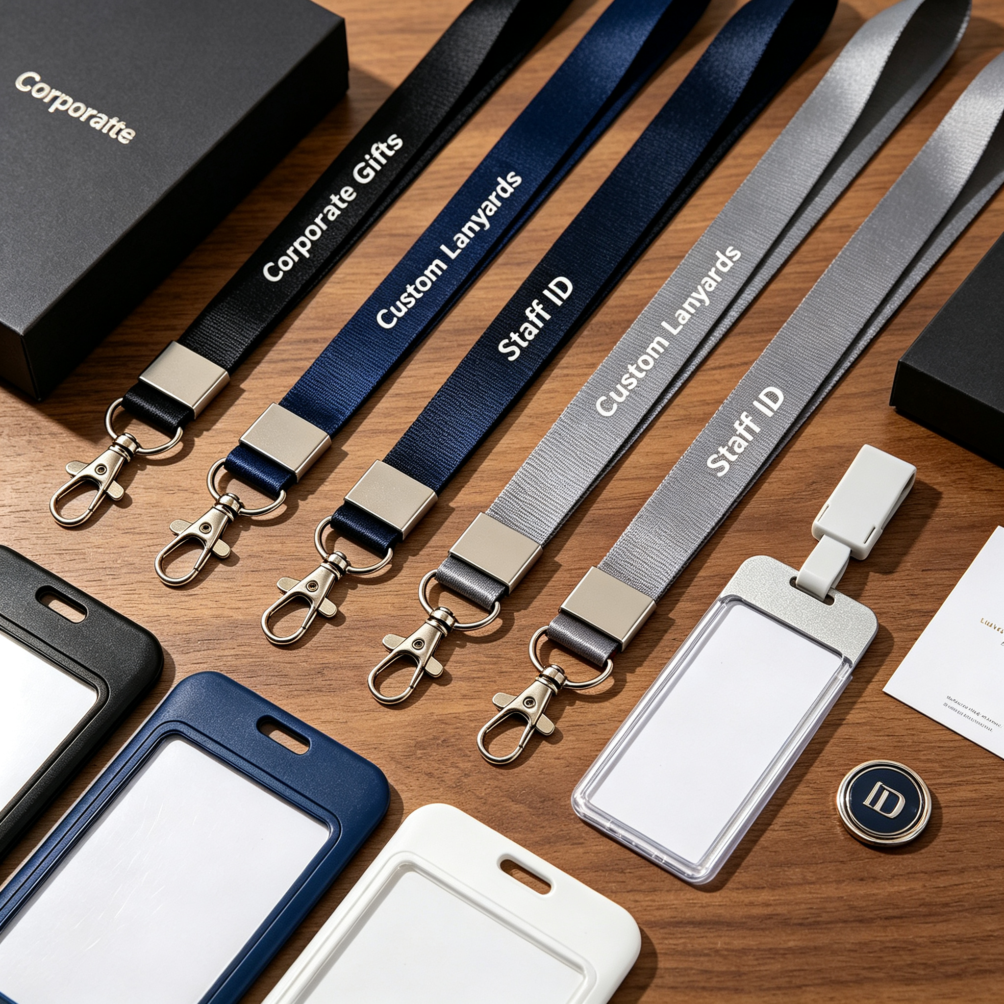 Corporate lanyard flat lay with gift boxes