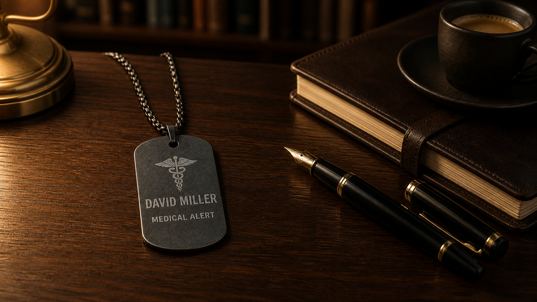 Gunmetal tag on walnut desk
