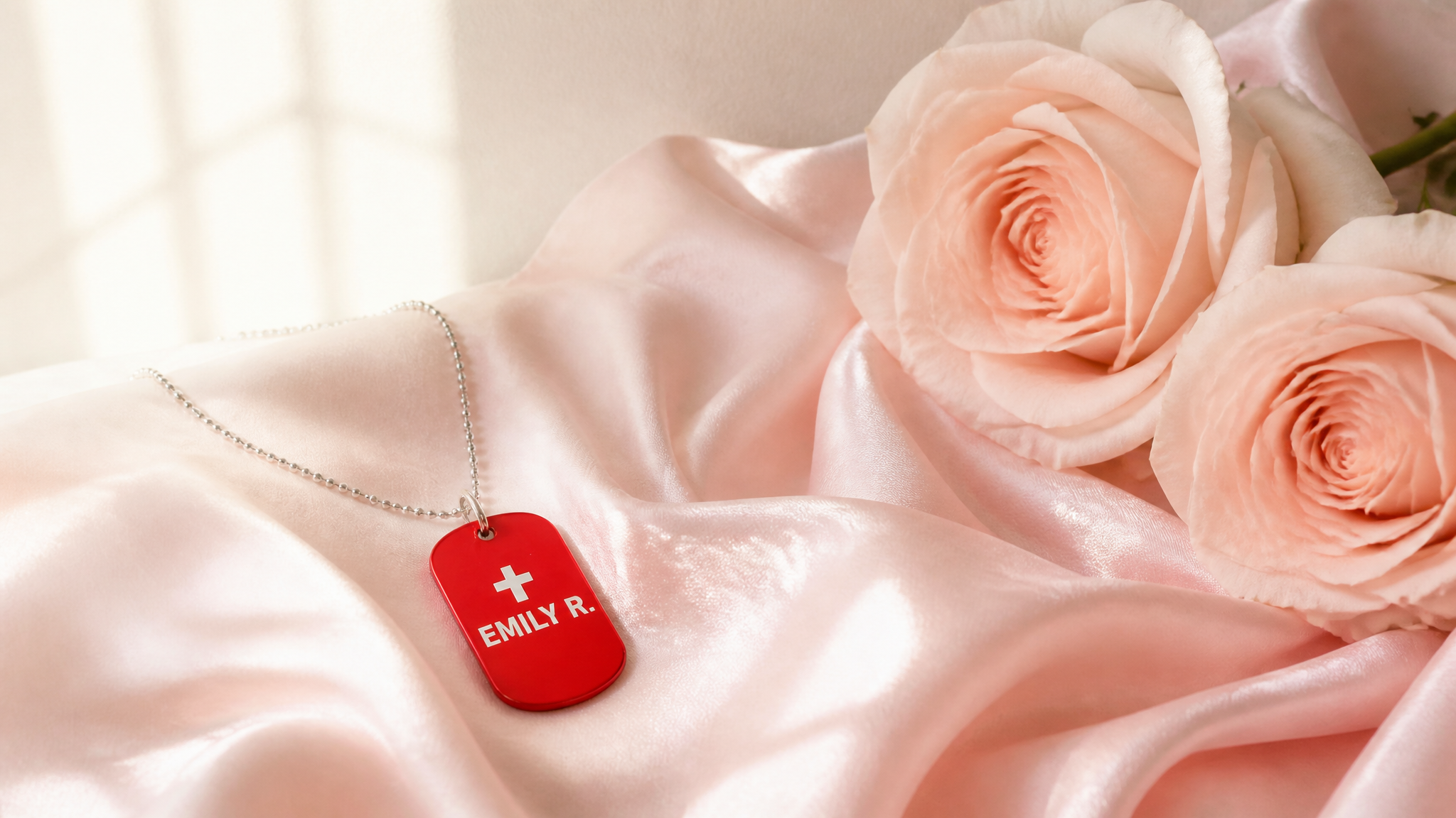 Red tag with silk and roses