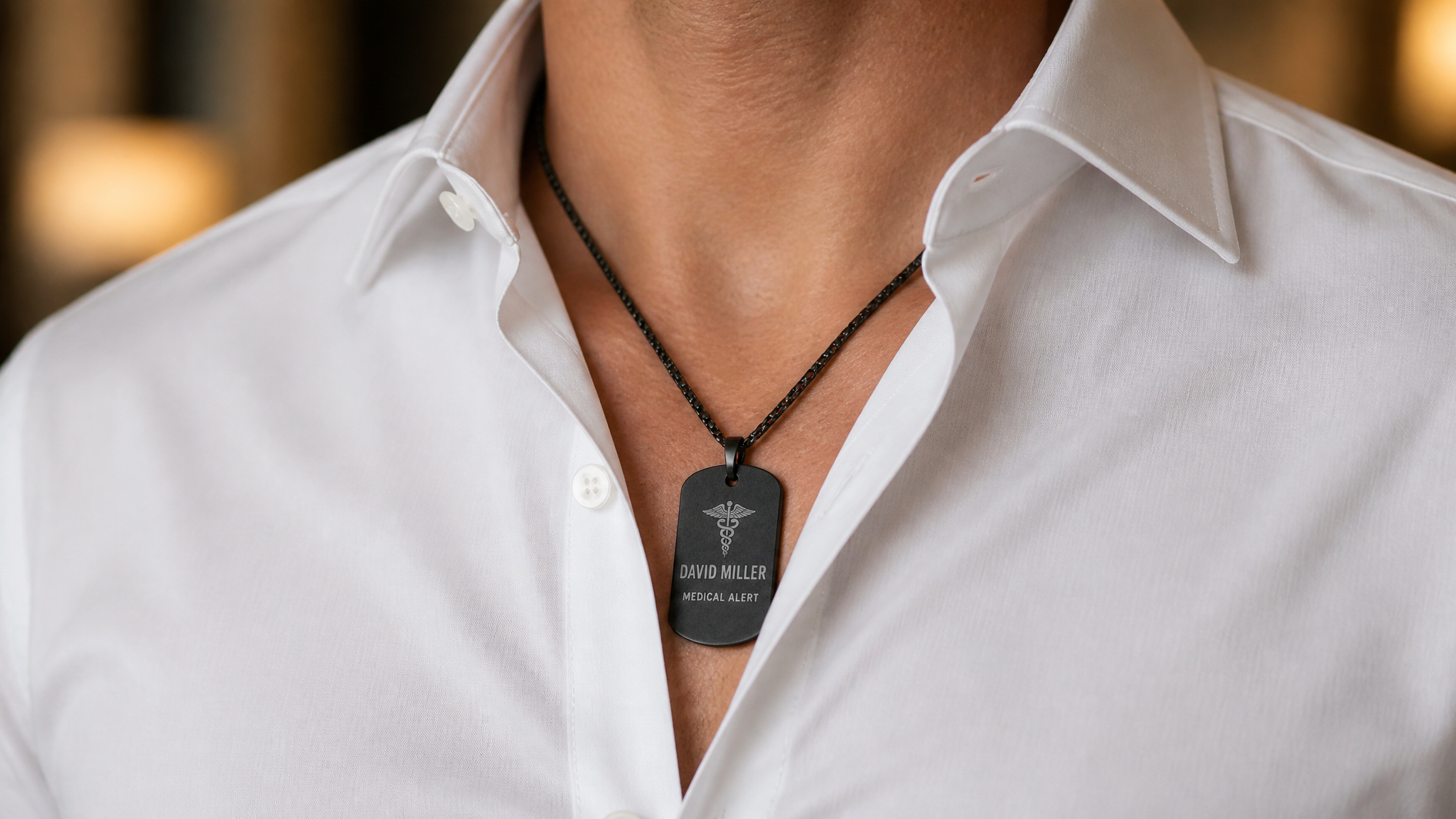 Gunmetal tag at shirt collar
