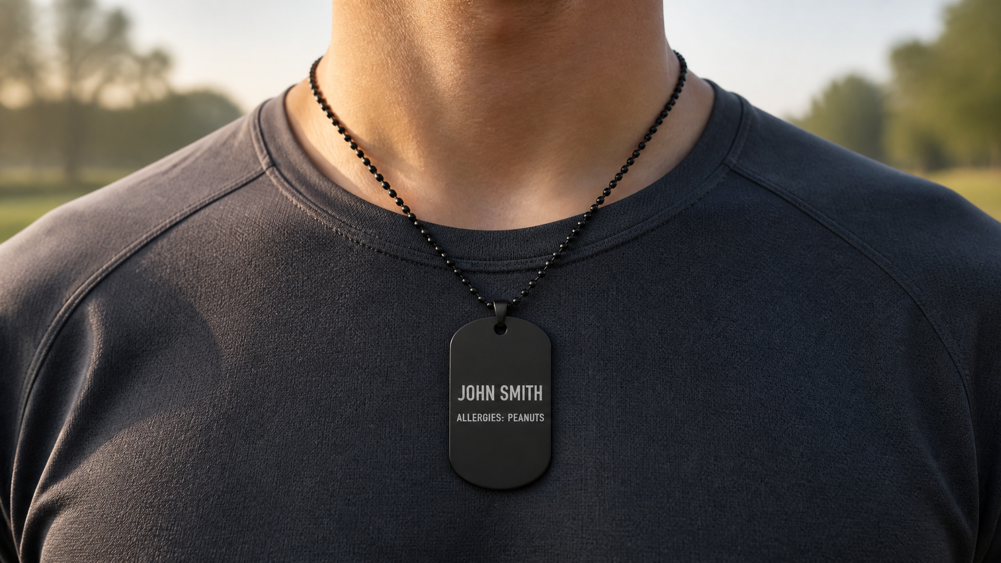 Matte black tag worn by runner