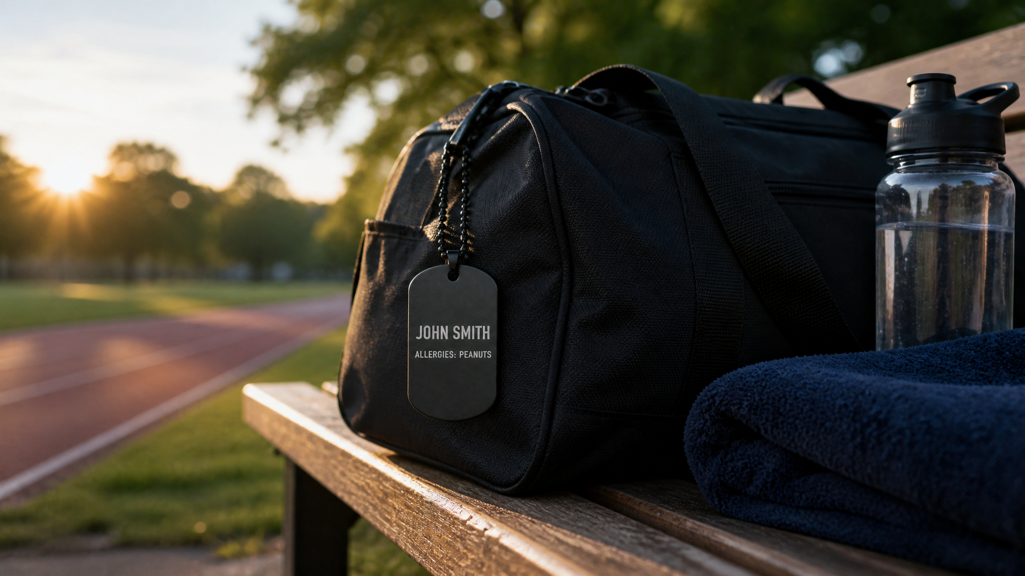 Matte black tag on gym duffel