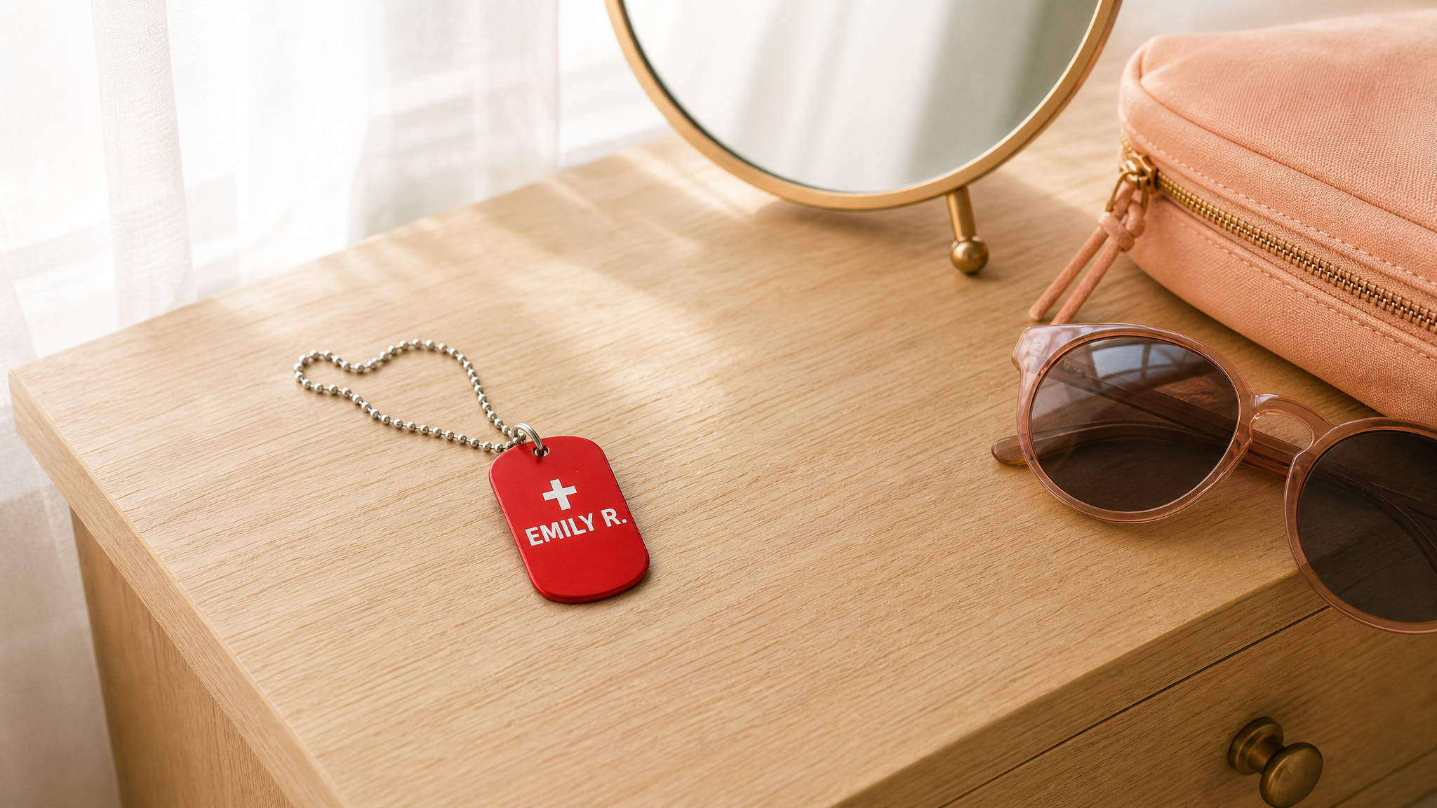 Red personalized ID tag in daily life