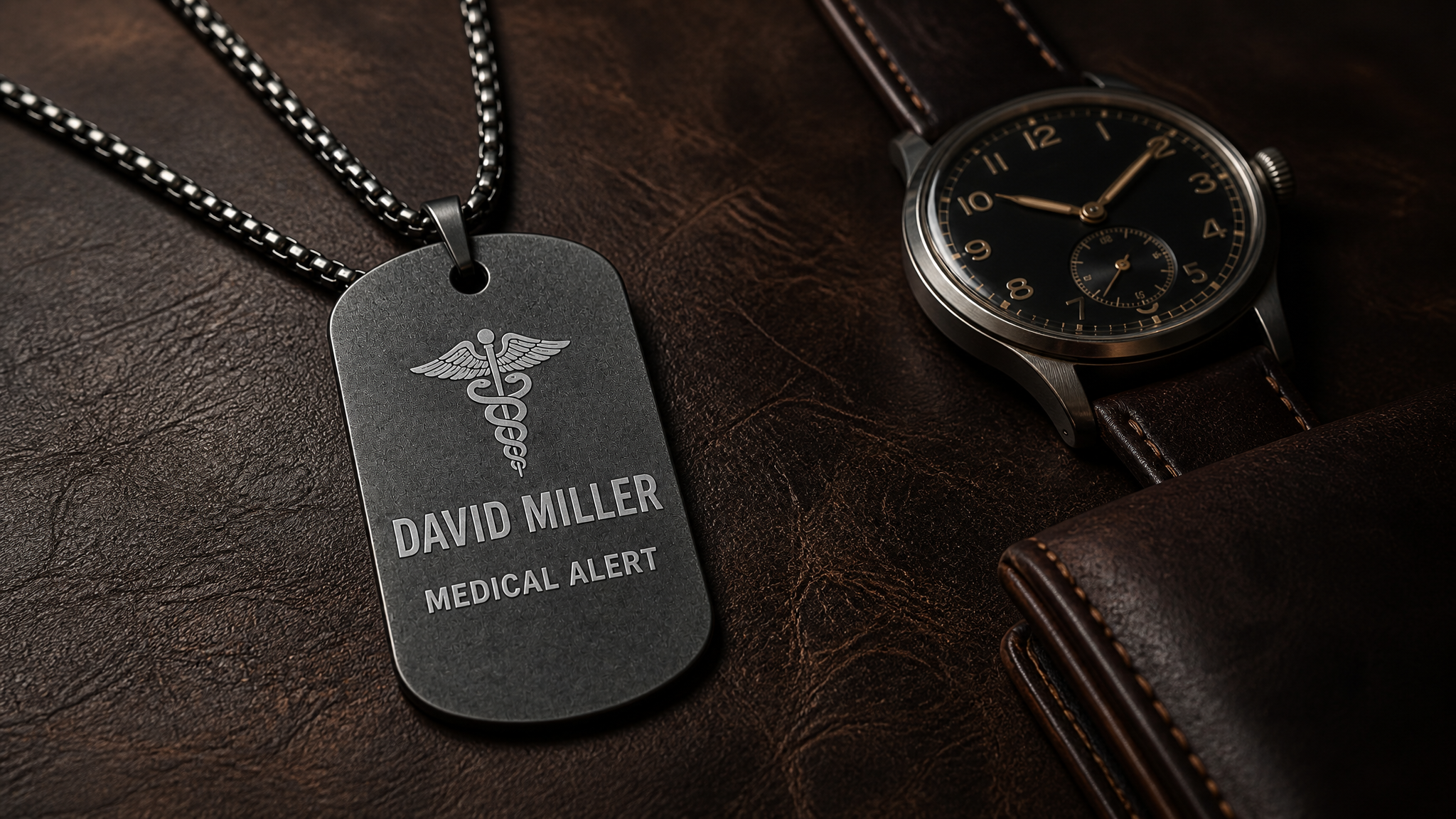 Gunmetal tag with watch and leather