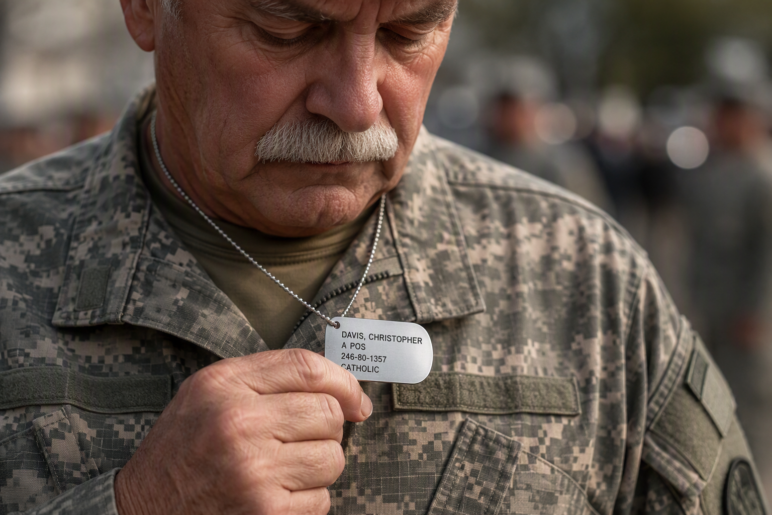 Veteran tribute with custom engraved dog tag