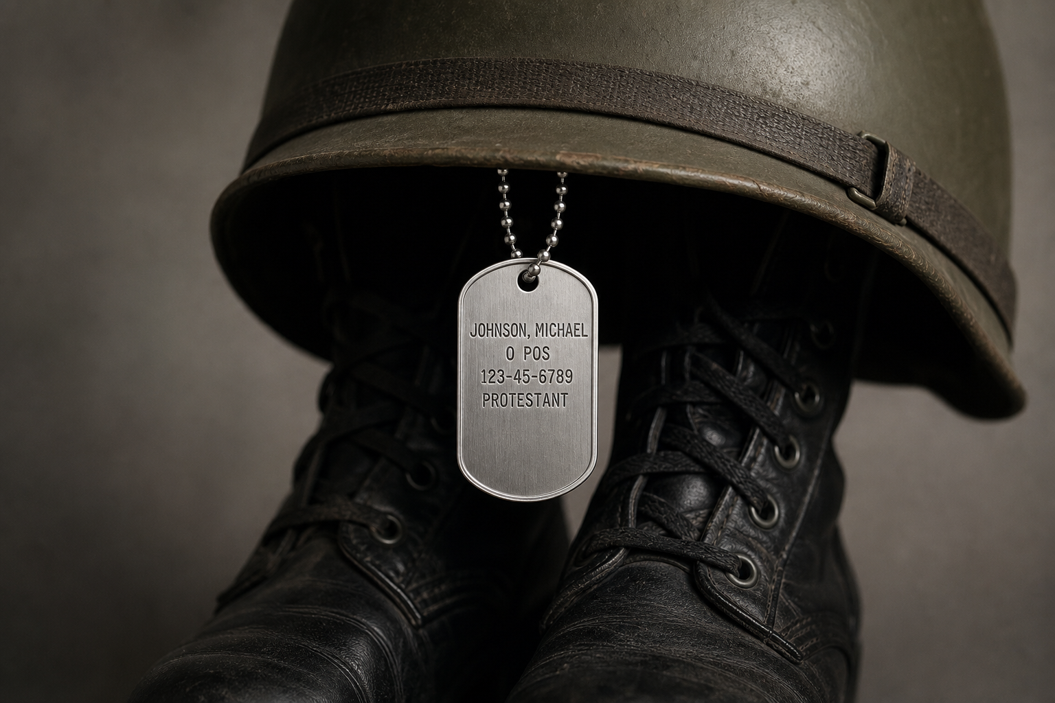 Military dog tag tribute with helmet and boots