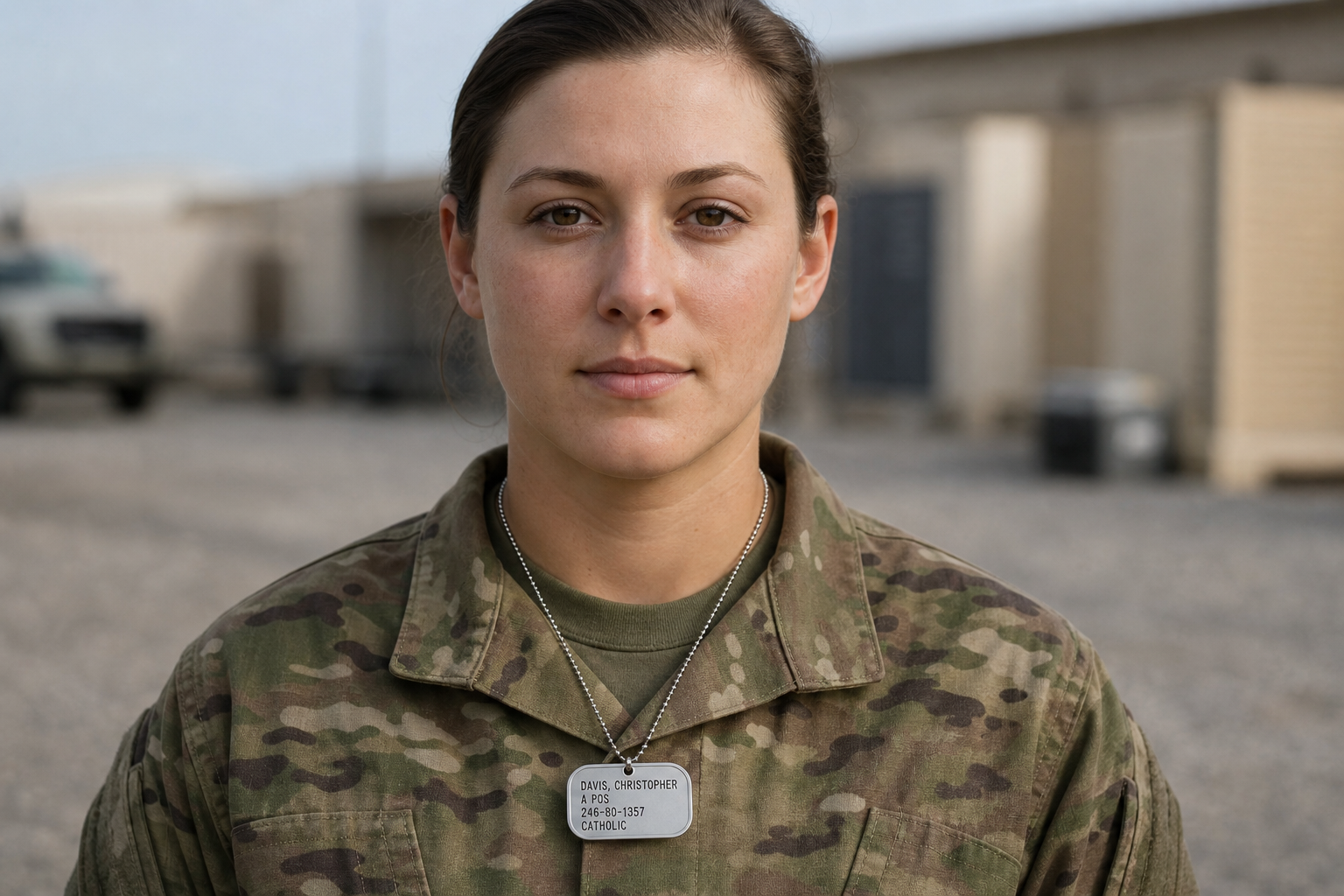 Female service member wearing a custom military dog tag