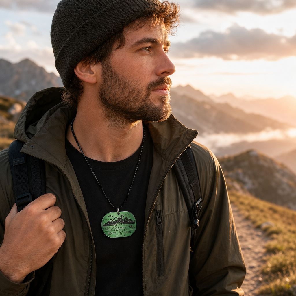 Hiking dog tag on a sunrise trail
