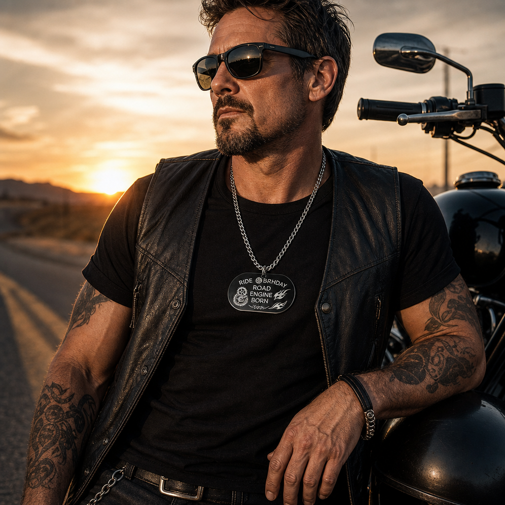 Biker dog tag leaning by a motorcycle