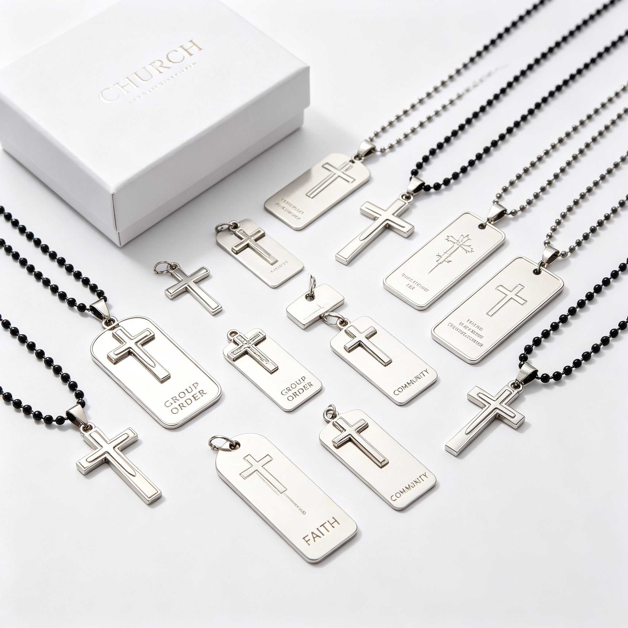 Church and faith cross dog tags with white box