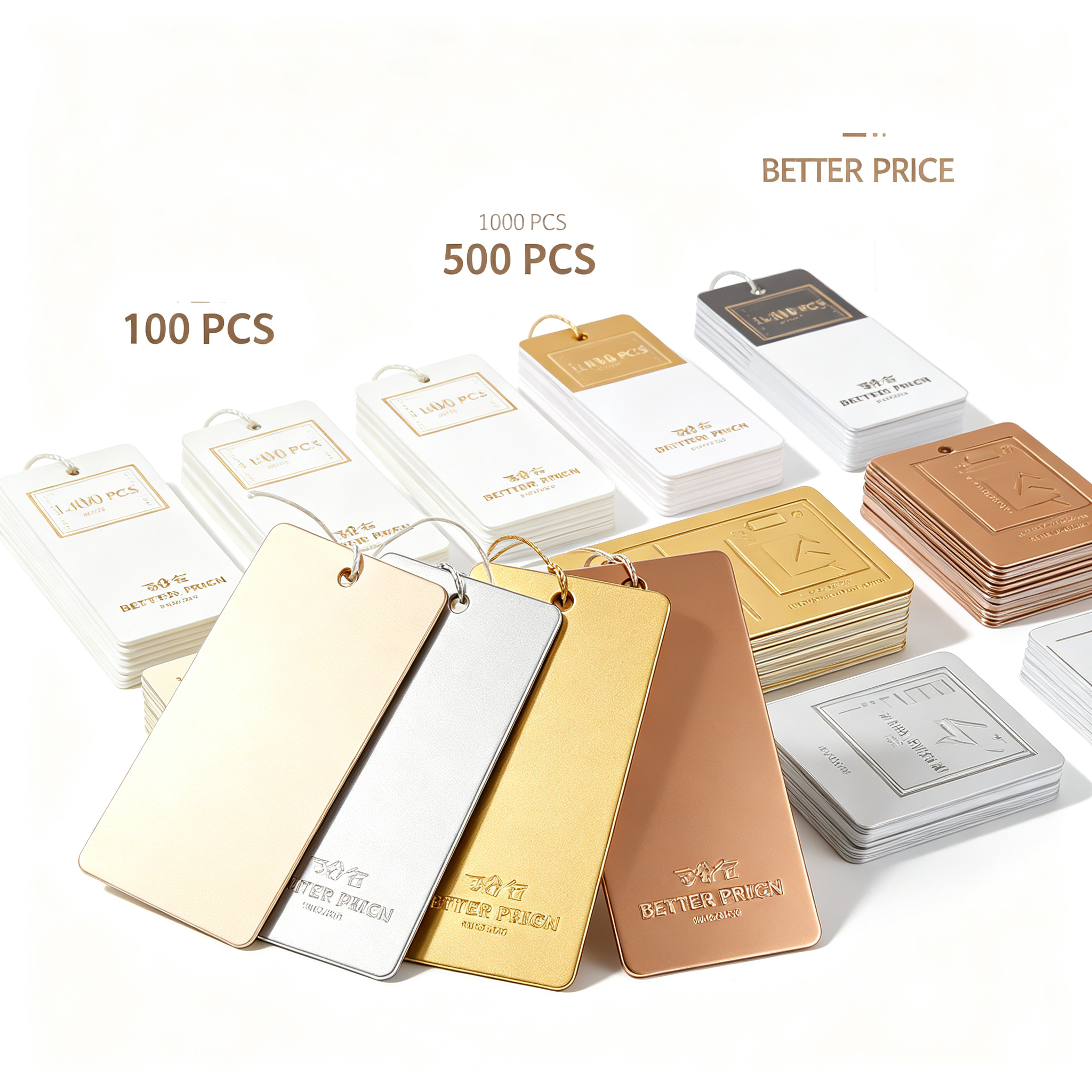 Gold silver copper matte price tags stacked fan