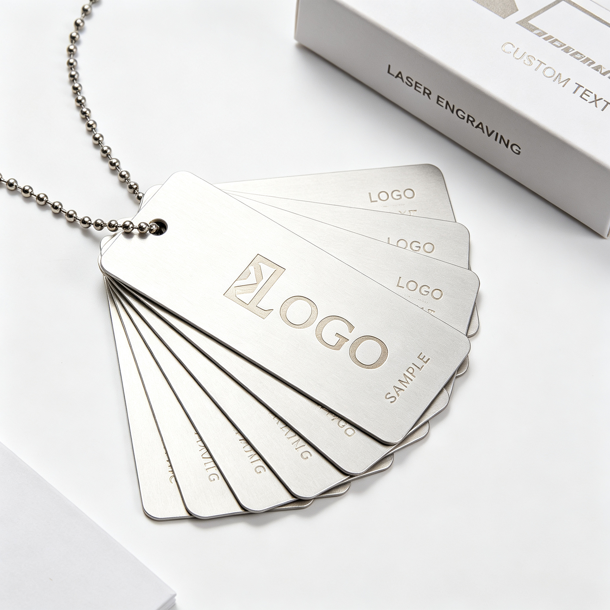 Fan of laser engraved LOGO SAMPLE dog tags with gift box