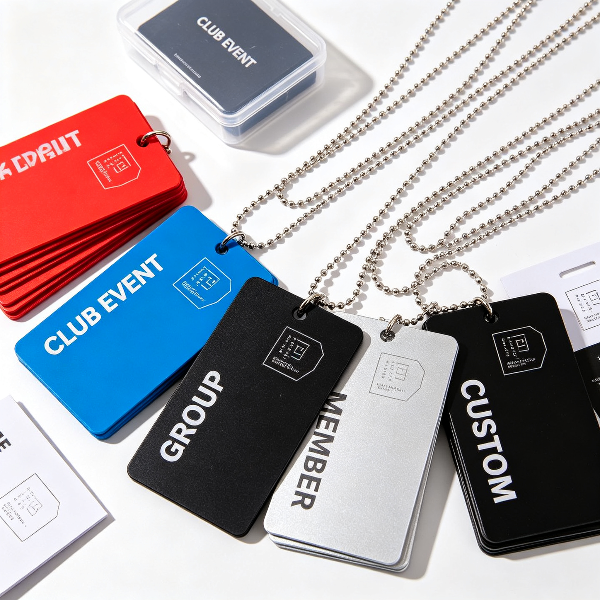 Club event member plastic tags in red blue black silver