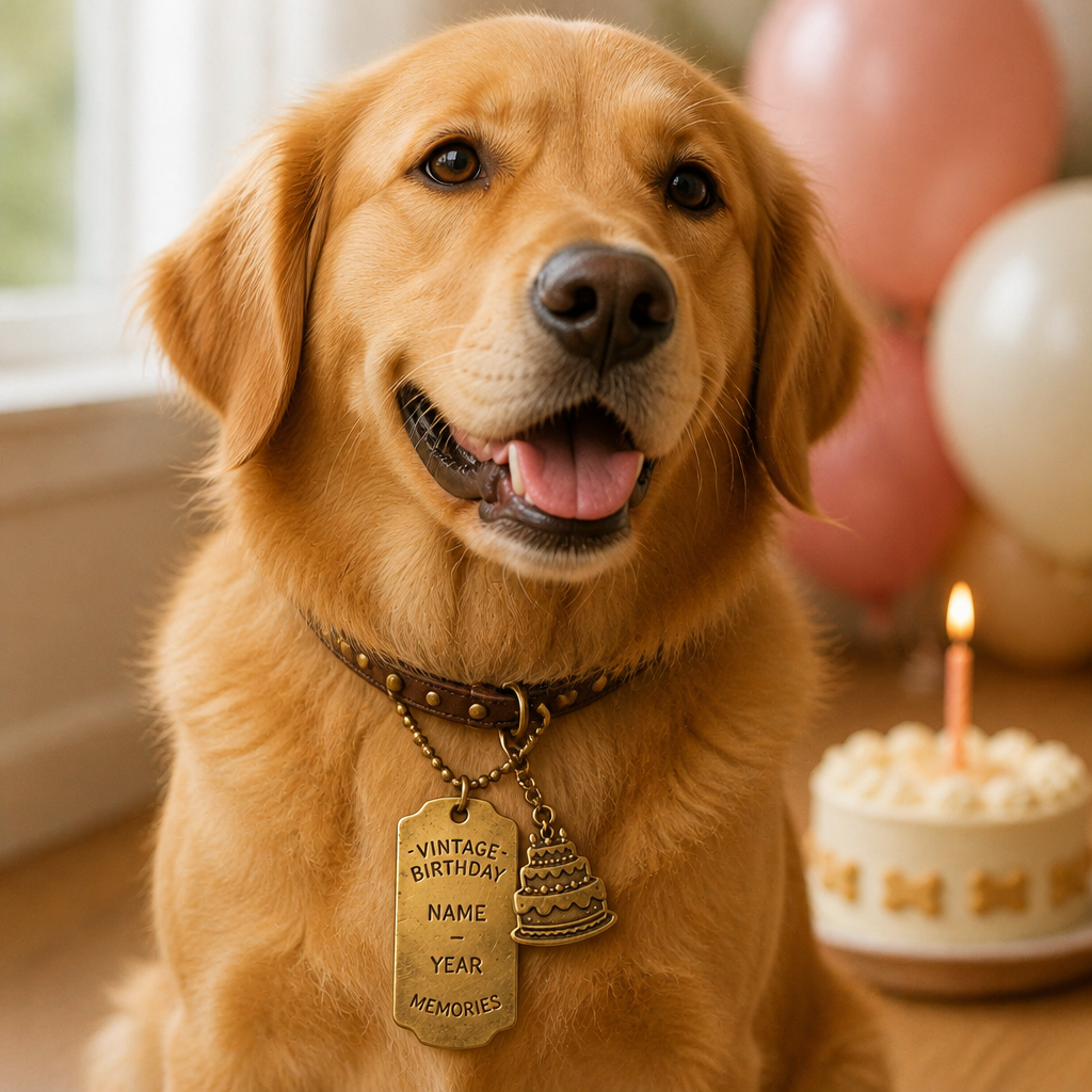 Vintage birthday dog tag on a retriever